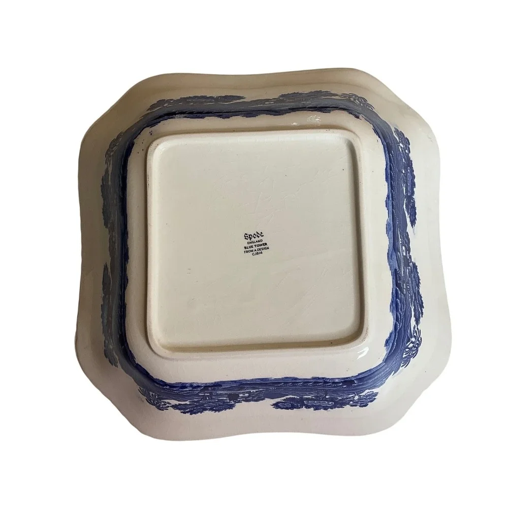 Vintage Spode‎ England Blue Tower Square Serving Bowl Cottagecore Luxury Classic